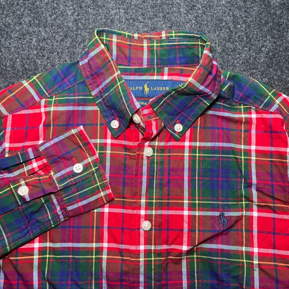 Ralph Lauren Button Down Shirt Kids Size 6 Red Plaid Excellent Natural Stretch